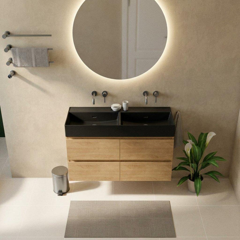 Saniclass Holz Pure Badkamermeubelset - 120x45x72cm - Legend keramische wastafel mat zwart - 2 wasbakken - zonder kraangaten - 4 lades - mat eiken natural (hout) SW1580178