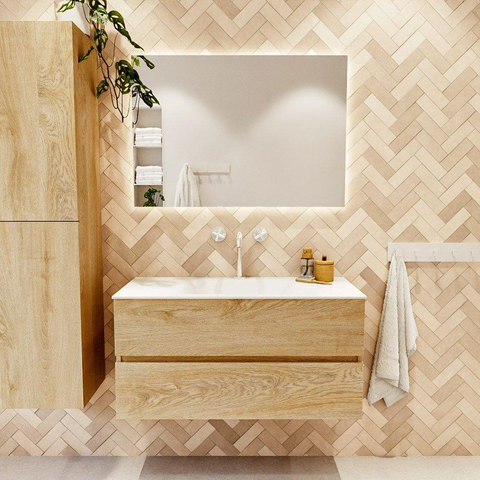 MONDIAZ VICA meuble sous lavabo 100cm Chêne blanchi 2 tiroirs. Lavabo CLOUD centre 1 trou de robinet, couleur Talc. SW1381946