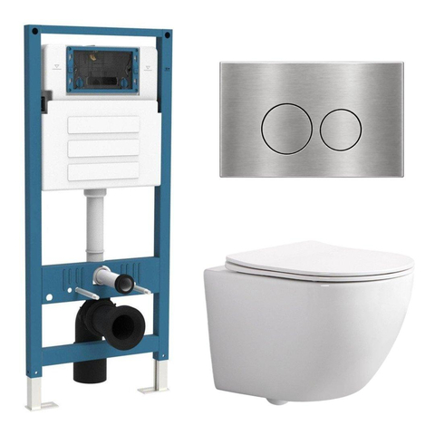 QeramiQ Dely Swirl Compact Toiletset - inbouwreservoir QeramiQ flush - slim zitting - metalen bedieningsplaat RVS - ronde knoppen - glans wit SW1590495