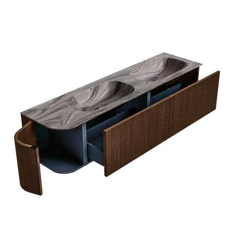 MONDIAZ KURVE-DLUX 175cm meuble de salle de bains arrondi à gauche couleur Walnut avec 2 tiroirs et 1 porte. Lavabo STOR SMALL Double / Droite sans trou de robinet Sombra. SW1433717
