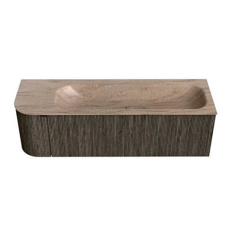 MONDIAZ KURVE-DLUX 145cm badmeubel ronding Links kleur Shadow met 1 lade en 1 deur. Wastafel BIG LARGE Rechts 1 kraangat Saba. SW1433268