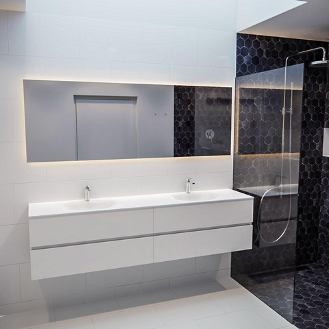 MONDIAZ VICA Ensemble de meuble salle de bain - 200cm - 4 tiroirs - lavabo Moon double - 2 trous de robinet - solid surface talc SW410383