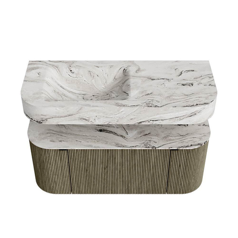 MONDIAZ THOR-DLUX 110cm meuble de salle de bains arrondi gauche + droite couleur Shadow avec 1 tiroir et 2 portes. Vasque suspendue CLOUD Gauche sans trou de robinet couleur Glace. SW1462858