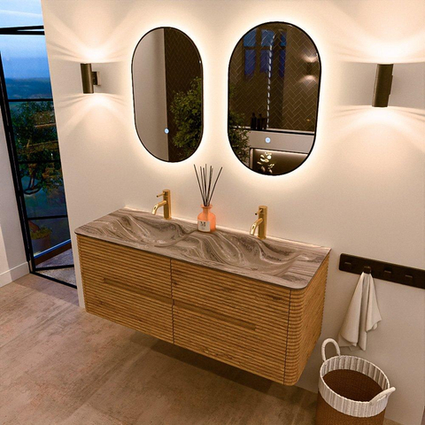 Mondiaz CIRO-DLUX Meuble de salle de bains - 130x45x50cm - Plan-vasque solid surface Sombra - 2 vasques double - 2 trous de robinet - 4 tiroirs - Chêne SW1531262
