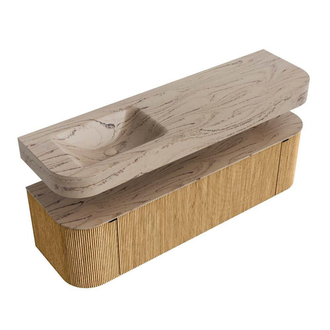 MONDIAZ THOR-DLUX 160cm meuble de salle de bains arrondi gauche + droite couleur Oak avec 1 tiroir et 2 portes. Vasque suspendue CLOUD Gauche 1 trou de robinet couleur Arena. SW1465120