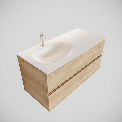 ENSEMBLE DE MEUBLE MONDIAZ VICA - 100cm - 2 tiroirs - lavabo Moon gauche - 1 trou de robinet - solid surface chêne blanchi SW409943