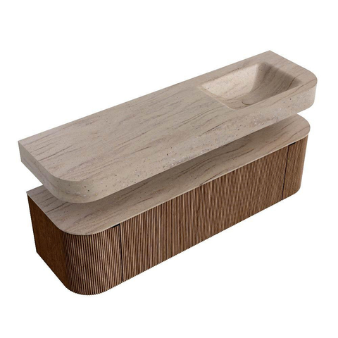 MONDIAZ THOR-DLUX 160cm meuble de salle de bains arrondi gauche + droite couleur Walnut avec 1 tiroir et 2 portes. Vasque suspendue CLOUD Droite 1 trou de robinet couleur Saba. SW1465344
