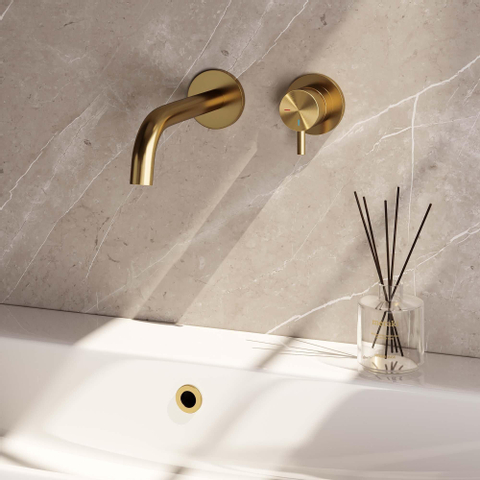 Brauer Gold Edition Robinet de lavabo avec partie encastrable ColdStart avec rosaces rondes et bec courbé poignée type B5 laiton Or brossé SW547640