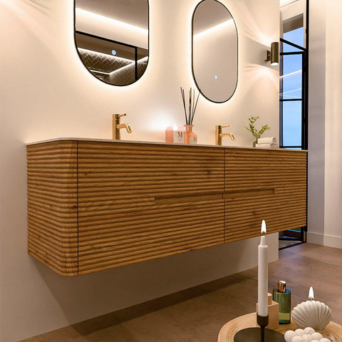 Mondiaz CIRO-DLUX Meuble de salle de bains - 170x45x50cm - Plan vasque Solid surface Meli - 2 vasques Double - 2 trous de robinetterie - 4 tiroirs - Chêne SW1531416