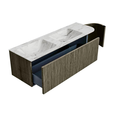 Mondiaz KURVE-DLUX Ensemble meuble de salle de bains - 145x46x40cm - 1 tiroir - 1 porte - lavabo solid surface - double / gauche - sans trou de robinet - Shadow SW1414601