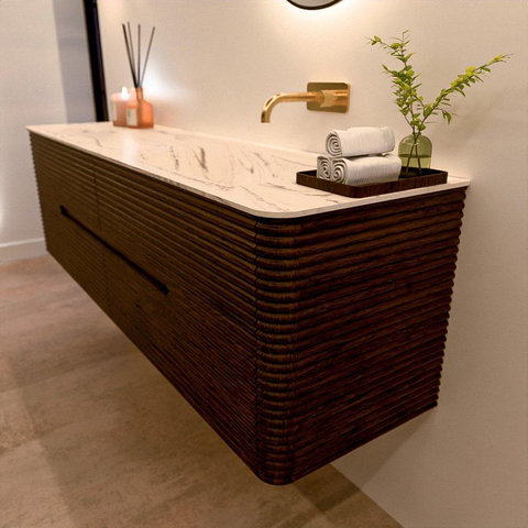 Mondiaz CIRO-DLUX Meuble de salle de bains - 170x45x50cm - vasque solid surface Nata - 1 lavabo à droite - sans trous de robinet - 4 tiroirs - Noyer SW1530619