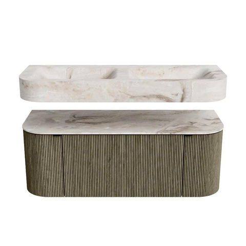 MONDIAZ THOR-DLUX Meuble de salle de bains 120cm arrondi gauche + droite couleur Shadow avec 1 tiroir et 2 portes. Vasque suspendue CLOUD Double sans trou de robinet couleur Frappe. SW1463149
