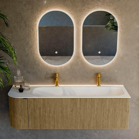 Mondiaz KURVE Ensemble de meubles de salle de bains - 145x46x40cm - 1 tiroir - 1 porte - lavabo solid surface - droite - 2 trous de robinet - Dusk SW1414793