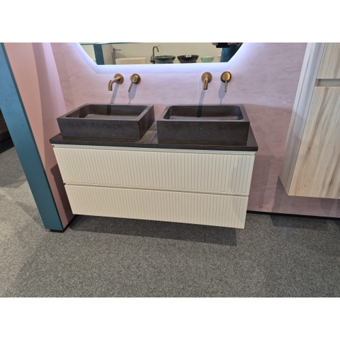 Saniclass Prime Blend Wastafelonderkast - 120x55x45.9cm - 2 lades - geintegreerde greep - MDF - mat cotton (beige) met stenenblad, 2 x waskom *SHOWROOMMODEL* SHOW26854