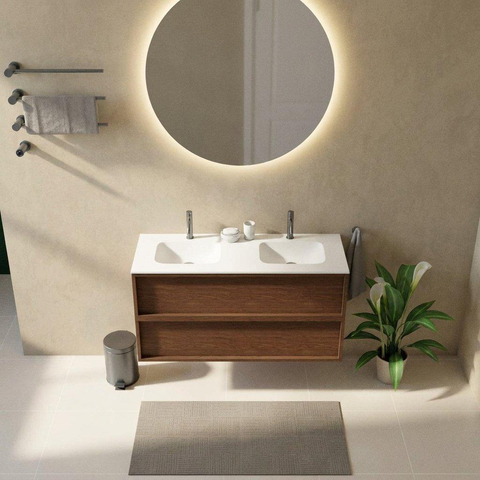Saniclass Holz Frame Ensemble meuble de salle de bains - 120x45x61.5cm - Flow lavabo en solid surface blanc - 2 vasques - 2 trous de robinet - 2 tiroirs - mat walnut pure (bois) SW1579788