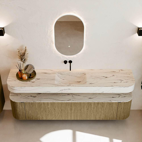 MONDIAZ THOR-DLUX 200cm meuble de salle de bains arrondi gauche + droite couleur Dusk avec 2 tiroirs et 2 portes. Vasque suspendue CLOUD Milieu sans trou de robinet couleur Nata. SW1467149