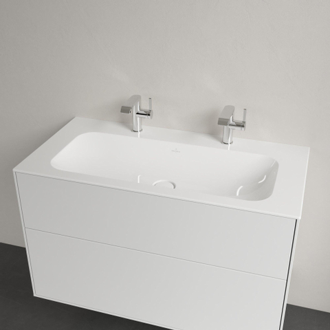 Villeroy & Boch Finion Lavabo pour meuble 100x50cm avec 2x1 trou pour robinetterie ceramic+ sans trop-plein blanc SW106524