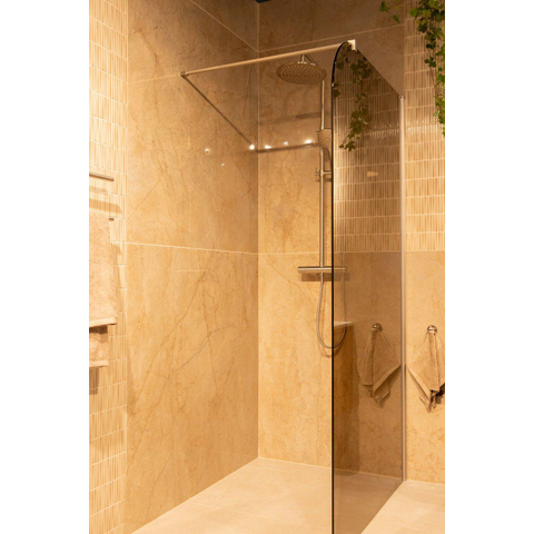 Fortifura Galeria Paroi de douche à l'italienne - 110x200cm - paroi en verre arrondie - verre fumé - barre de fixation murale - acier inox brossé PVD SW1420868