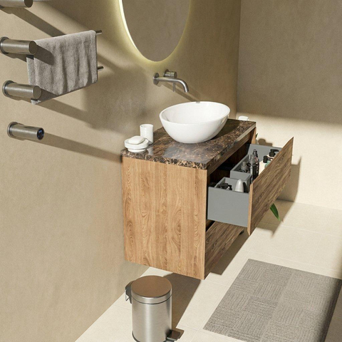 Saniclass Holz Pure Badkamermeubelset - 80x45x63cm - Noche natuurstenen topblad dark emperador - zonder kraangat - 2 lades - mat eiken natural (hout) SW1478270