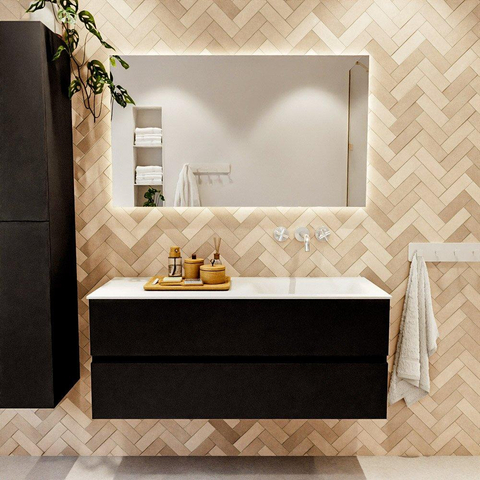 MONDIAZ VICA meuble sous lavabo 120cm Urban 2 tiroirs. Lavabo CLOUD à droite sans trou de robinet, couleur Talc. SW1381913