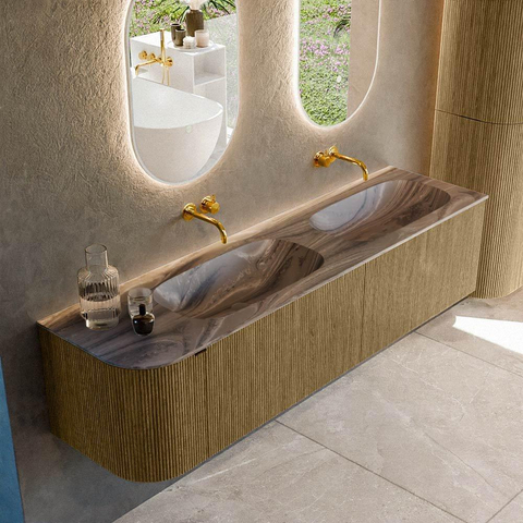 MONDIAZ KURVE-DLUX Meuble de salle de bains 175cm arrondi à gauche couleur Dusk avec 2 tiroirs et 1 porte. Lavabo STOR SMALL Double / Droite sans trou de robinet Sombra. SW1433909