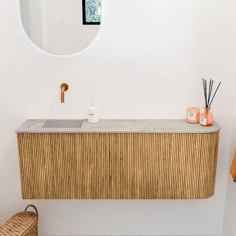 Mondiaz JOYA-DLUX 111.6cm toiletmeubel - ronding rechts kleur Oak - Wastafel FAYE positie Links Zonder kraangat kleur Glace. SW1422038
