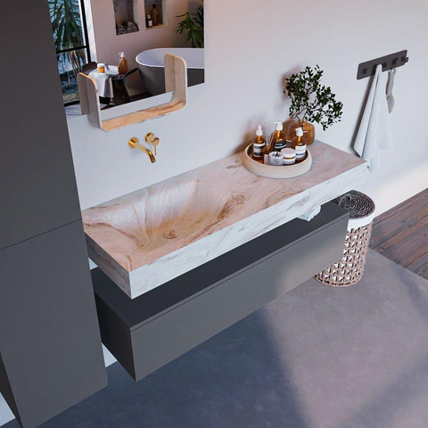 Mondiaz ALAN-DLUX Ensemble de meuble - 130cm - meuble Plata mat - 1 tiroir - Lavabo Cloud Frappe suspendu - vasque Gauche - 0 trous de robinet SW804735
