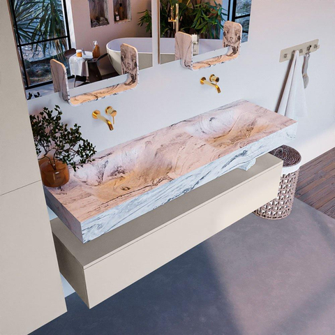 Mondiaz ALAN-DLUX Ensemble de meuble - 150cm - meuble Linen mat - 1 tiroir - Lavabo Cloud Glace suspendu - vasque Gauche et droite - 0 trous de robinet SW806137
