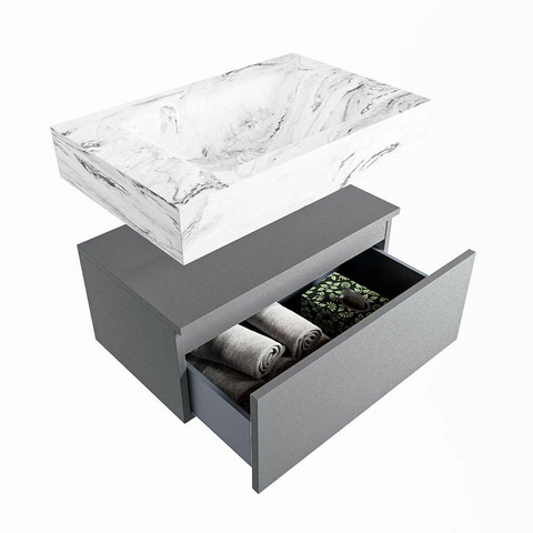 Mondiaz ALAN-DLUX Ensemble de meuble - 70cm - meuble Plata mat - 1 tiroir - Lavabo Cloud Glace suspendu - vasque Centre - 0 trous de robinet SW806090