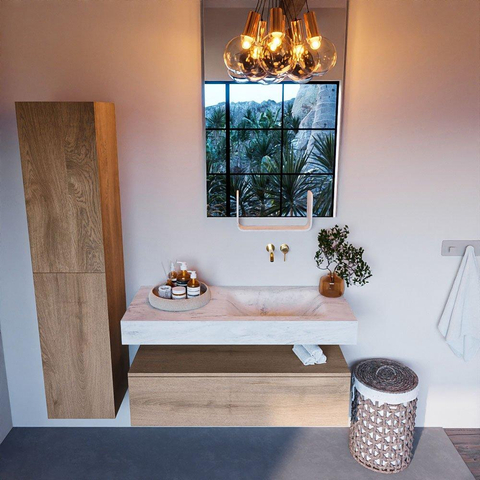 Mondiaz ALAN-DLUX Ensemble de meuble - 110cm - meuble Washed Oak mat - 1 tiroir - Lavabo Cloud Opalo suspendu - vasque Droite - 0 trous de robinet SW808661