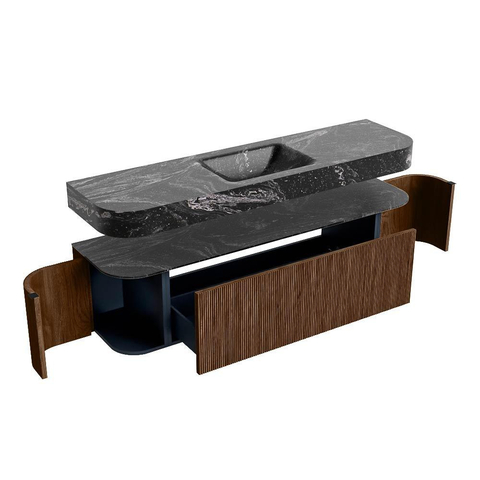 MONDIAZ THOR-DLUX 170cm meuble de salle de bains arrondi gauche + droite couleur Walnut avec 1 tiroir et 2 portes. Vasque suspendue CLOUD Milieu sans trou de robinet couleur Lava. SW1465579