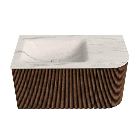 MONDIAZ KURVE-DLUX meuble de salle de bains 85cm arrondi à droite couleur Walnut avec 1 tiroir et 1 porte. Lavabo CLOUD à gauche 1 trou de robinet Meli. SW1431667