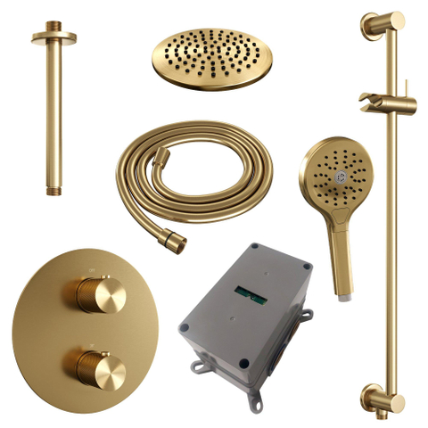 BRAUER Gold Carving thermostatische Inbouw Regendouche - 3-weg - rond - set 95 - 20cm hoofddouche - plafondarm - 3-standen handdouche - doucheslang - geïntegreerde glijstang - goud geborsteld PVD SW1159046