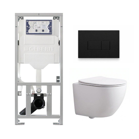 Pack WC QeramiQ Dely Swirl Compact - réservoir encastrable Geberit UP320 - avec bâti-support Burda - abattant 25 mm - plaque de commande en plastique noir mat - boutons rectangulaires - blanc brillant SW1592316