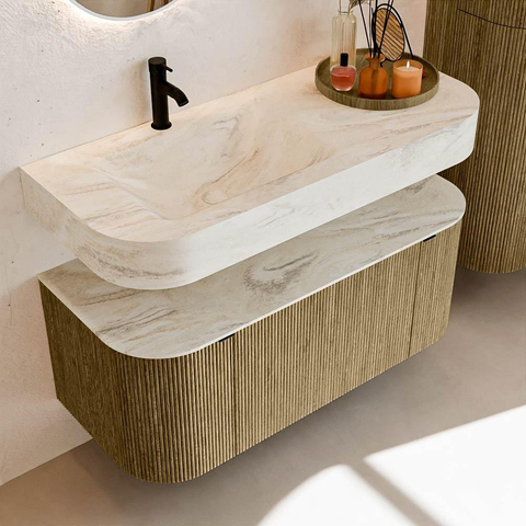 MONDIAZ THOR-DLUX 110cm meuble de salle de bains arrondi gauche + droite couleur Dusk avec 1 tiroir et 2 portes. Vasque suspendue CLOUD Gauche 1 trou de robinet couleur Ostra. SW1462841