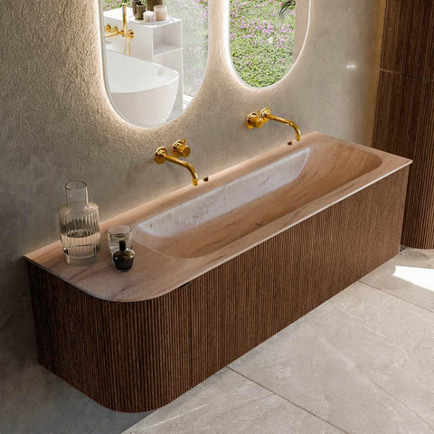 MONDIAZ KURVE-DLUX Meuble de salle de bains 145cm arrondi à gauche couleur Walnut avec 1 tiroir et 1 porte. Lavabo BIG LARGE à droite sans trou de robinet Saba. SW1433200
