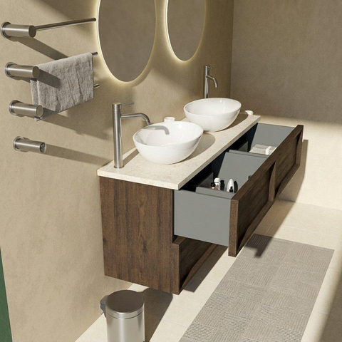 Saniclass Holz Frame Badkamermeubelset - 140x45x63cm - Travertine natuurstenen topblad - 2 kraangaten - 4 lades - mat eiken charcoal (hout) SW1580046