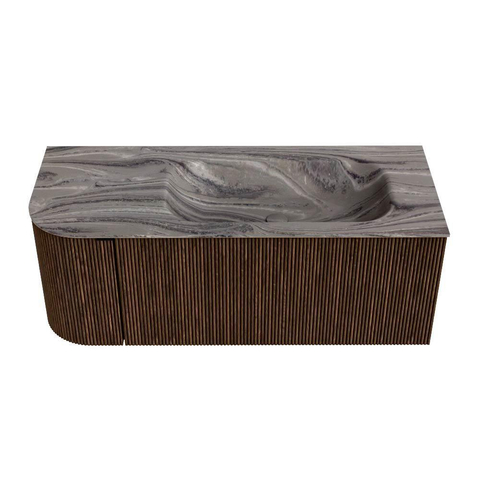 MONDIAZ KURVE-DLUX Meuble de salle de bains 115cm arrondi à gauche couleur Walnut avec 1 tiroir et 1 porte. Lavabo BIG SMALL à droite 1 trou de robinet Sombra. SW1433662