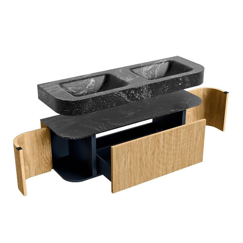 MONDIAZ THOR-DLUX 140cm badmeubel ronding links + rechts kleur Oak met 1 lade en 2 deuren. Vrijhangende wastafel CLOUD Dubbel 2 kraangaten kleur Lava. SW1463925