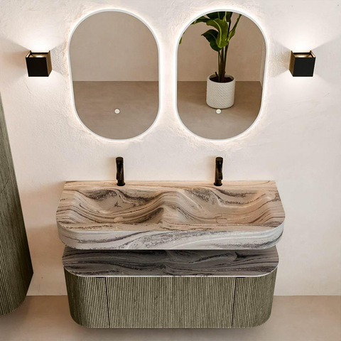 MONDIAZ THOR-DLUX Meuble de salle de bains 120cm arrondi gauche + droite couleur Shadow avec 1 tiroir et 2 portes. Vasque suspendue CLOUD Double 2 trous de robinet couleur Sombra. SW1463673