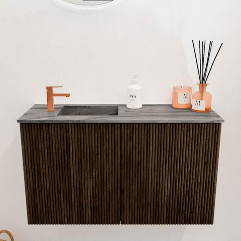 Mondiaz JOYA-DLUX 70cm toiletmeubel - kleur Walnut - Wastafel FAYE positie Links 1 kraangat kleur Sombra. SW1424716