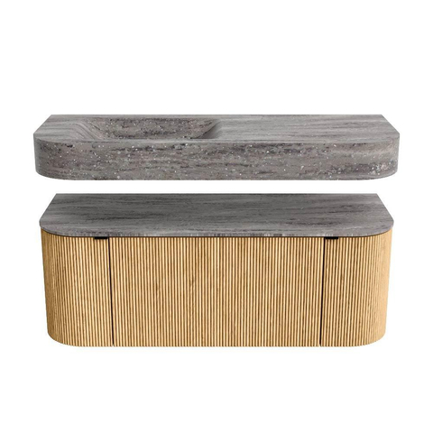 MONDIAZ THOR-DLUX 120cm badmeubel ronding links + rechts kleur Oak met 1 lade en 2 deuren. Vrijhangende wastafel CLOUD Links 1 kraangat kleur Oza. SW1463372