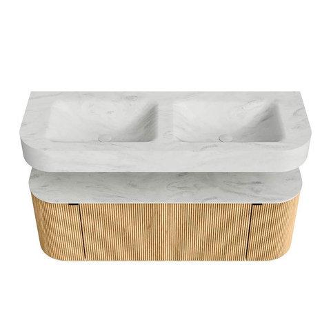 MONDIAZ THOR-DLUX 130cm meuble de salle de bains arrondi gauche + droite couleur Oak avec 1 tiroir et 2 portes. Vasque suspendue CLOUD Double 2 trous de robinet couleur Opalo. SW1463554