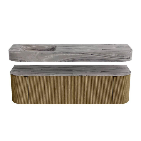 MONDIAZ THOR-DLUX 160cm meuble de salle de bains arrondi gauche + droite couleur Dusk avec 1 tiroir et 2 portes. Vasque suspendue CLOUD Gauche sans trou de robinet couleur Sombra. SW1465375