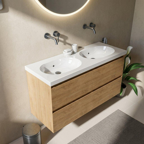 Saniclass Holz Pure Badkamermeubelset - 120x45x63.5cm - Palermo keramische wastafel wit - 2 wasbakken - zonder kraangaten - 4 lades - mat eiken natural (hout) SW1478638