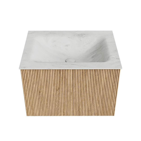 MONDIAZ KURVE-DLUX Meuble de salle de bains 60 cm couleur Oak avec 1 tiroir. Lavabo CLOUD central sans trou de robinet couleur Opalo. SW1137506