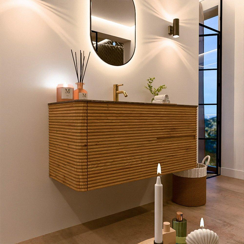 Mondiaz CIRO-DLUX Meuble de salle de bains - 110x45x50cm - Vasque solid surface Oza - 1 lavabo au centre - 1 trou de robinet - 2 tiroirs - Chêne SW1531116