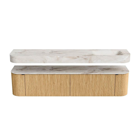 MONDIAZ THOR-DLUX Meuble de salle de bains - 200cm - arrondi gauche + droite - couleur Oak - 2 tiroirs et 2 portes - Vasque suspendue CLOUD Droite 1 trou de robinet couleur Frappe SW1466929