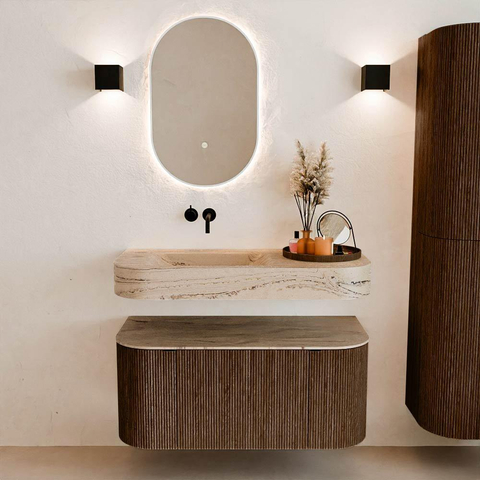 MONDIAZ THOR-DLUX Meuble de salle de bains - 100cm - arrondi gauche + droite - couleur Walnut - 1 tiroir et 2 portes - Vasque suspendue CLOUD Gauche sans trou de robinet - couleur Arena SW1467446
