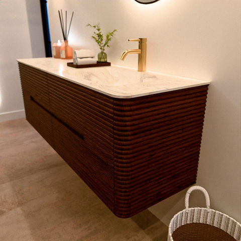 Mondiaz CIRO-DLUX Ensemble de meubles de salle de bains - 150x45x50cm - Plan vasque en solid surface Ostra - 1 vasque à droite - 1 trou de robinet - 4 tiroirs - Ruby SW1531850